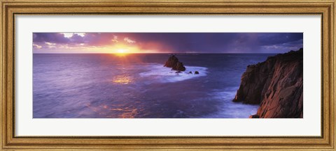 Framed Sunset over the sea, Land&#39;s End, Cornwall, England Print