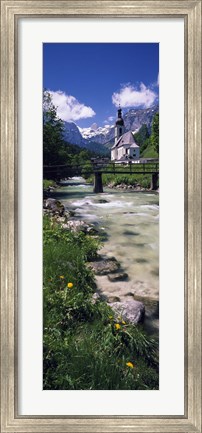 Framed Bridge over stream below country church, Bavarian Alps, Germany. Print