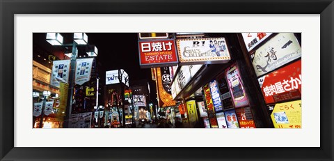 Framed Commercial signboards lit up at night in a market, Shinjuku Ward, Tokyo Prefecture, Kanto Region, Japan Print