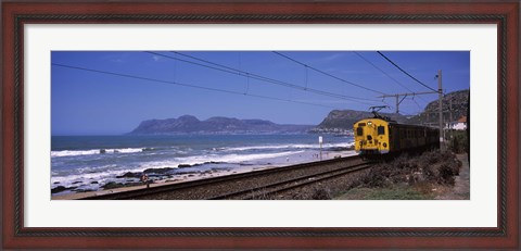 Framed Train on railroad tracks, False Bay, Cape Town, Western Cape Province, Republic of South Africa Print