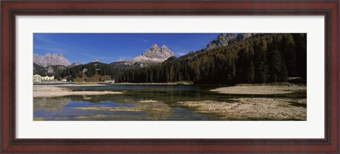 Framed Lake with a mountain range, Lake Misurina, Tre Cime Di Lavaredo, Dolomites, Cadore, Province of Belluno, Veneto, Italy Print