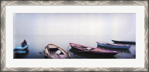 Framed Row boats in a river, Ganges River, Varanasi, Uttar Pradesh, India Print