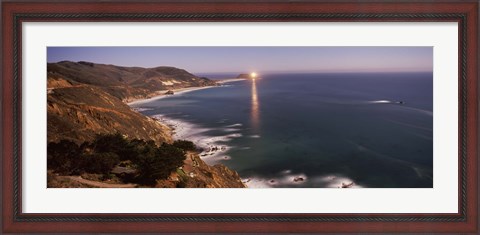 Framed Lighthouse lit up at night, moonlight exposure, Big Sur, California, USA Print