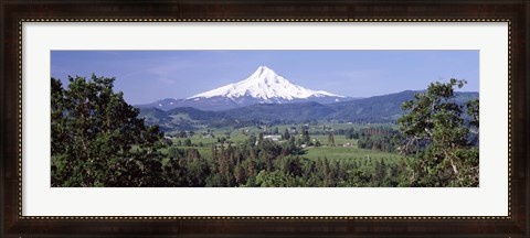 Framed Trees and farms with a snowcapped mountain in the background, Mt Hood, Oregon, USA Print