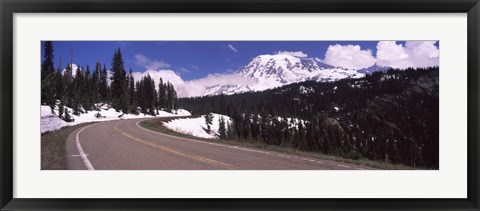 Framed Road with a mountain range in the background, Mt Rainier, Mt Rainier National Park, Pierce County, Washington State, USA Print