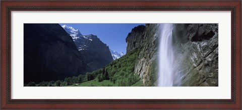 Framed Waterfall in a forest, Staubbach Falls, Mt Jungfrau, Lauterbrunnen Valley, Bernese Oberland, Berne Canton, Switzerland Print