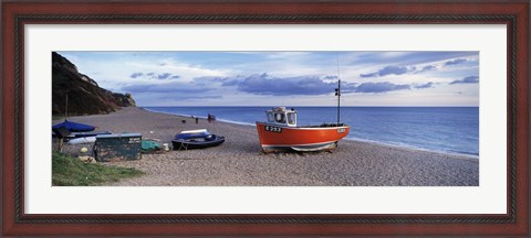 Framed Boats on the beach, Branscombe Beach, Devon, England Print