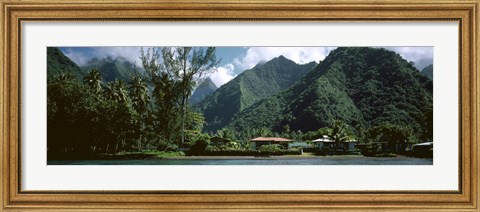 Framed Mountains and buildings at the coast, Tahiti, Society Islands, French Polynesia Print