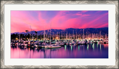 Framed Boats moored in harbor at sunset, Santa Barbara Harbor, Santa Barbara County, California, USA Print