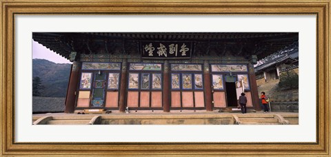 Framed Buddhist temple with a mountain range in the background, Kayasan Mountains, Haeinsa Temple, Gyeongsang Province, South Korea Print