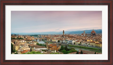 Framed Buildings in a city, Ponte Vecchio, Arno River, Duomo Santa Maria Del Fiore, Florence, Italy Print