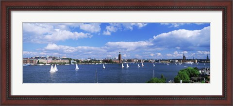 Framed Sailboats in a lake with the city hall in the background, Riddarfjarden, Stockholm City Hall, Stockholm, Sweden Print