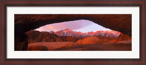 Framed Rock formations with mountains in the background, Mt Whitney, Lone Pine Peak, California, USA Print