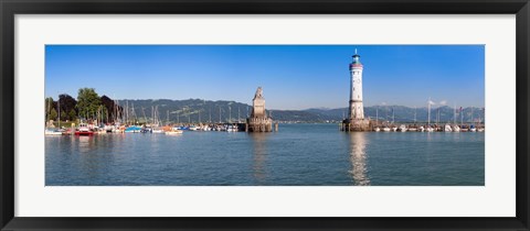 Framed Entrance of the harbor with the Bavarian lion and the lighthouse, Lindau, Lake Constance, Bavaria, Germany Print