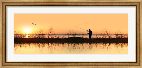Framed Silhouette of a man fishing Print