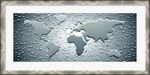 Framed Water drops forming continents (black and white) Print