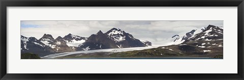 Framed Bay in front of snow covered mountains, Grace Glacier, Salisbury Plain, Bay of Isles, South Georgia Island Print