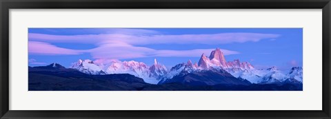 Framed Lenticular clouds and pre-dawn light over mountains, Mt Fitzroy, Cerro Torre, Argentine Glaciers National Park, Argentina Print