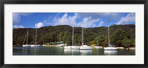 Framed Yachts anchored at the harbor on La Digue Island, Seychelles Print