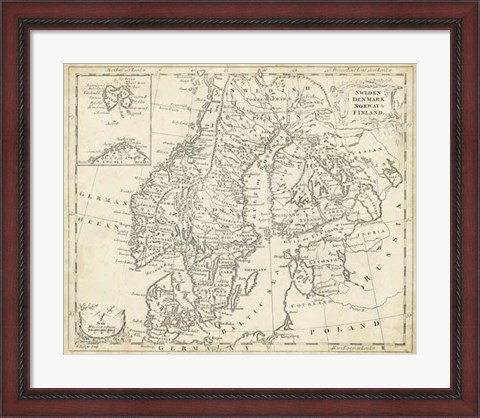 Framed Map of Sweden &amp; Denmark Print