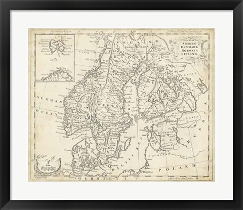 Framed Map of Sweden &amp; Denmark Print