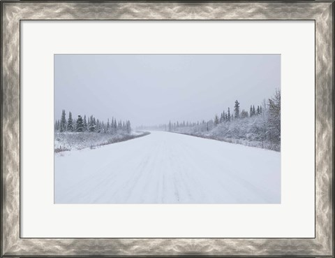 Framed Highway passing through a snow covered landscape, George Parks Highway, Denali National Park, Alaska, USA Print