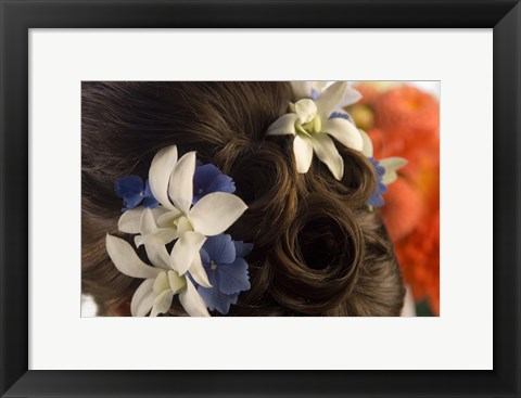 Framed Close-up of flowers in a bride&#39;s hair, Bainbridge Island, Washington State, USA Print