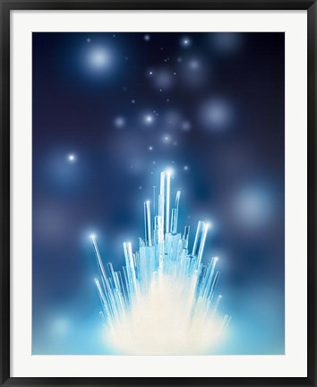Framed Stars with trails rising from bright white burst of light toward deep blue Print