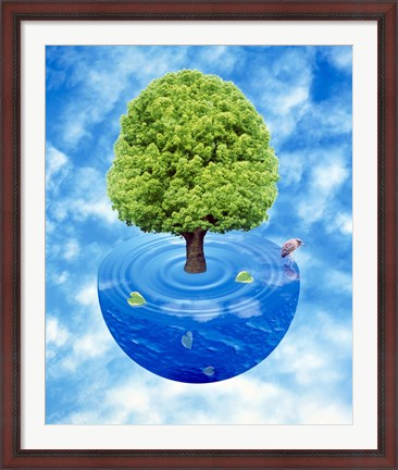 Framed Lush green tree growing from half sphere of blue water and ripples floating in cloudy blue sky Print