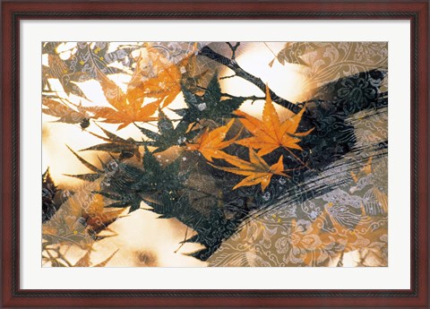 Framed Collage of green and pale orange leaves, white paper flower and abstract rocks Print