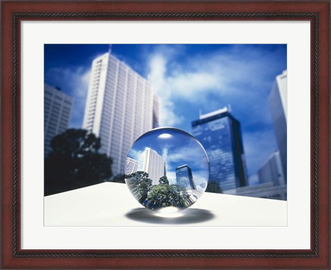 Framed Close up of clear globe with white sky line in center duplicated background Print