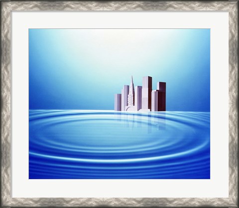 Framed White buildings float behind large water rings bright light overhead Print