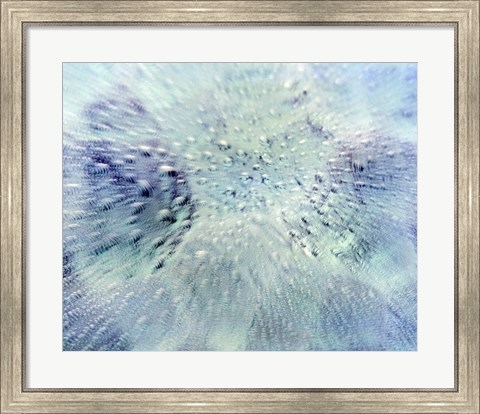 Framed Close up of water droplets on pale blue glass Print