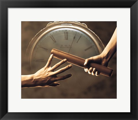 Framed Close up of two runners hands passing the baton in relay race in front of old European clock face Print