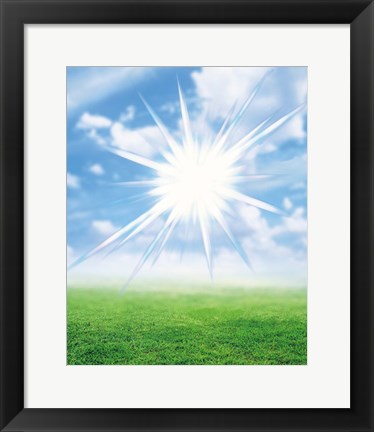 Framed Bright star like light floating in blue sky and clouds over green land Print