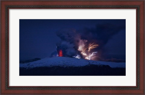 Framed Erupting Volcano at Night, Eyjafjallajokull, Iceland Print