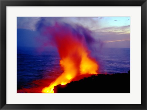 Framed Lava from Volcano Falling into Sea, Big Island, Hawaii Print