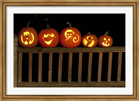 Framed Jack o&#39; lanterns lit up at night, Atlanta, Georgia, USA Print