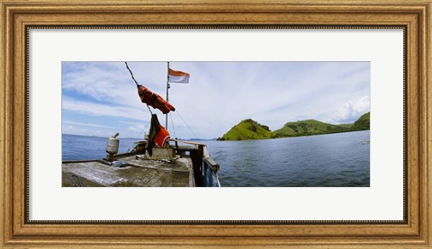 Framed Boat in the sea with islands in the background, Flores Island, Indonesia Print