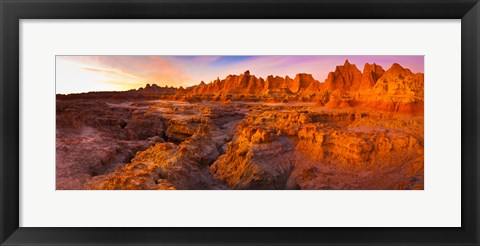 Framed Alpenglow on rock formations at sunrise, Door Trail, Badlands National Park, South Dakota, USA Print