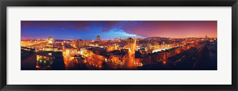 Framed High angle view of a city lit up at night, Montreal, Quebec, Canada Print