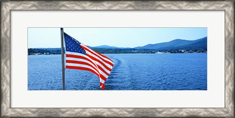 Framed Flag and view from the Minne Ha Ha Steamboat, Lake George, New York State, USA Print