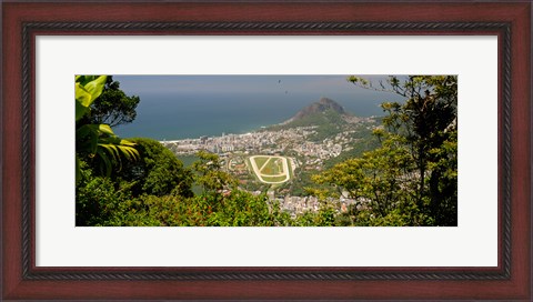 Framed Aerial view of a town on an island, Ipanema Beach, Leblon Beach, Corcovado, Rio De Janeiro, Brazil Print