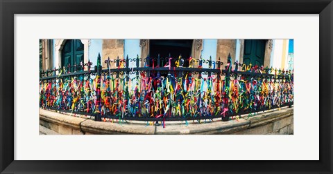 Framed Colorful Bonfim wish ribbons tied around at Church of Nosso Senhor do Bonfim, Pelourinho, Salvador, Bahia, Brazil Print