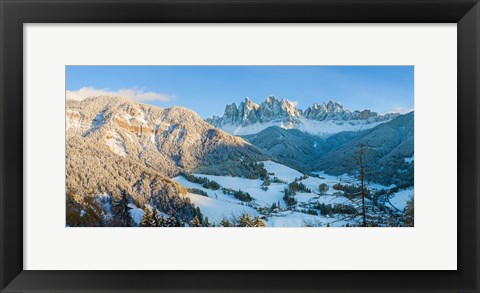 Framed Snowy valley in winter, St. Magdalena, Geisler Spitzen, Val di Funes, Dolomites, Trentino-Alto Adige, South Tyrol, Italy Print