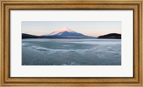 Framed Yamanaka Lake covered with ice and Mt Fuji in the background, Yamanakako, Yamanashi Prefecture, Japan Print