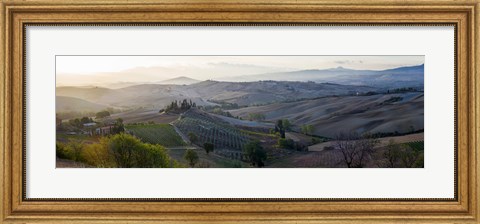 Framed Valley at sunrise, Val d&#39;Orcia, Tuscany, Italy Print