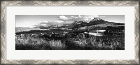 Framed Fence with mountains in the background, Colorado (black and white) Print