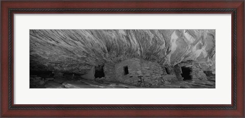 Framed Dwelling structures on a cliff in black and white, Anasazi Ruins, Mule Canyon, Utah, USA Print