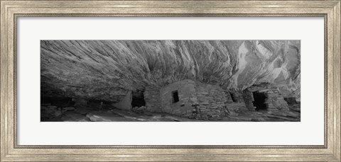 Framed Dwelling structures on a cliff in black and white, Anasazi Ruins, Mule Canyon, Utah, USA Print